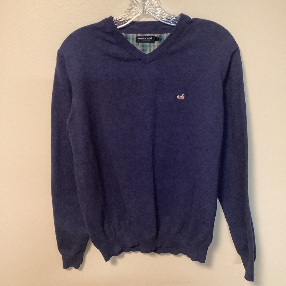 Southern Marsh mens blue v- neck cream‎ swan logo medium preppy pullover sweater